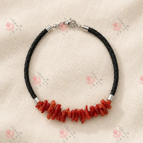 Red coral leather bracelet 5-312 – detail view