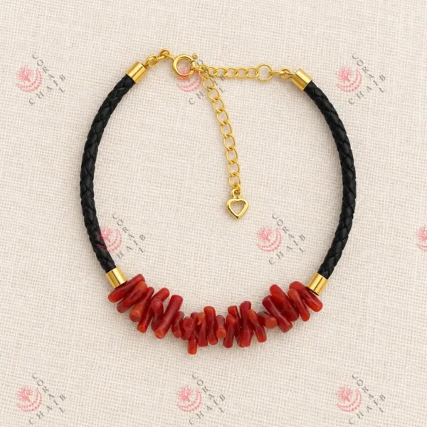 Coral Bracelet 5-312 Red coral and black leather bracelet 5-312 – Corail Chaib
